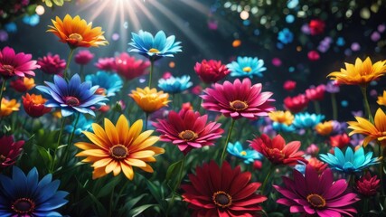 Fototapeta na wymiar Flowers in the garden, Flowers on a black background, colorful flowers,s and a lens flare, colorful flower background, 
