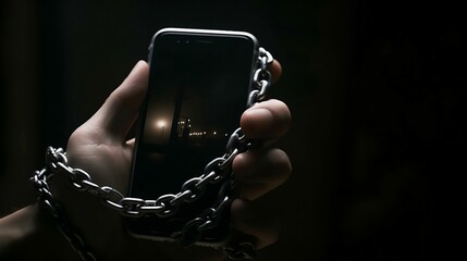 AI generated mobile phone in human hand and a silver chain wrapped around it - obrazy, fototapety, plakaty