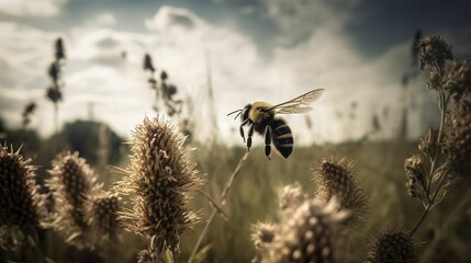 AI generated honey bee flying in field