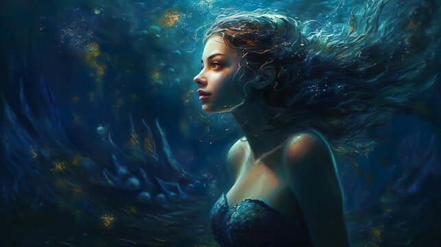 Beautiful mermaid siren of the sea with long curly hair. The mermaid swimming underwater in the deep blue sea. Fantasy woman real mermaid. Myth mystic magic fairy tale concept.