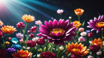 Flowers in the garden, Flowers on a black background, colorful flowers,s and a lens flare, colorful...