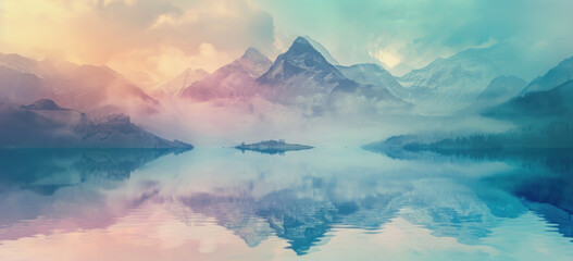 Serene mountain landscape with mist and reflective lake. Tranquil nature scenery.