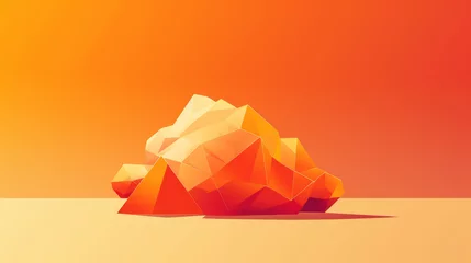 Fotobehang Low poly 3D geometric boulder in a minimalist orange design with a misty background. © Jan