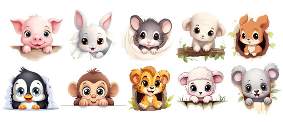 set of cute peeking baby animals, Clipart Sticker, Illustration, png, generated ai