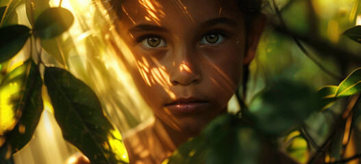 Young girl peering through lush green leaves with sunlight. Connection with nature.