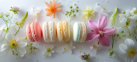 Colorful macarons with fresh spring flowers on white background. Gourmet dessert and elegance.