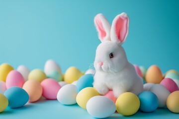 Happy Easter Eggs Basket cheery. Bunny in flower easter Tradition decoration Garden. Cute hare 3d Good Friday easter rabbit spring illustration. Holy week Lilies card wallpaper exuberant