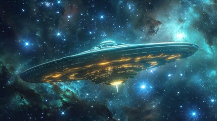 UFO spaceship in the beautiful outer space with nebula. Aliens conducts scientific expedition mission flight to new planet and star. Discovering new spaces in the universe.