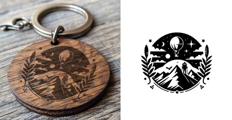 Black Mountain in the night view Key Chain. adventure badge design. Mountains labels. Mountain Stamp. Mountaineering, climbing, hiking vector illustration. 