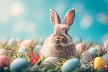 Happy Easter Eggs Basket Batch. Bunny in flower easter Redwood decoration Garden. Cute hare 3d Easter music easter rabbit spring illustration. Holy week burrow card wallpaper longer days - obrazy, fototapety, plakaty