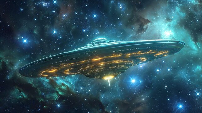 UFO spaceship in the beautiful outer space with nebula. Aliens conducts scientific expedition mission flight to new planet and star. Discovering new spaces in the universe.