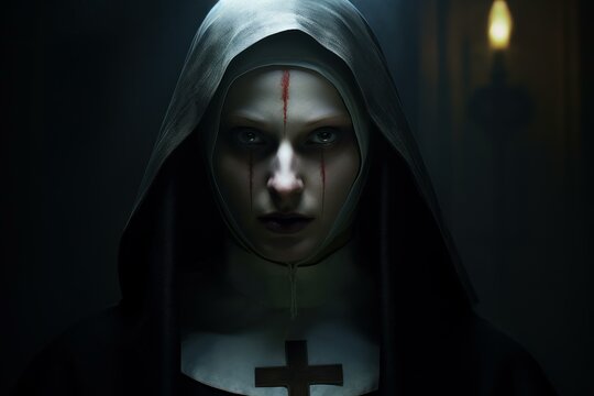 Eerie Nun creepy portrait. Demon ghost sister. Generate Ai