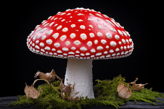 Red and white poisonous Amanita mushroom in dark forest setting. Natural woodland environment.