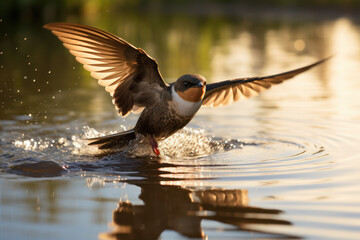 Swallow bird taking off from water surface at sunset. Wildlife and nature. - Powered by Adobe