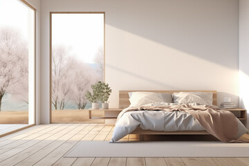 Romantic elegant and simple bedroom, in light neutral tones, made of natural materials, in connection with the environment