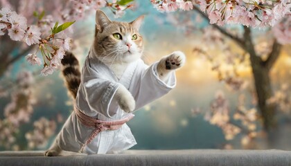 Funny cat in white kimono exercising yoga or Asian martial arts