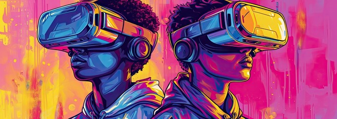 Imaginative illustration showcasing two characters donning VR headsets immersed in vibrant and high tech world artwork blends modern virtual reality with playful essence of cartoon style creating