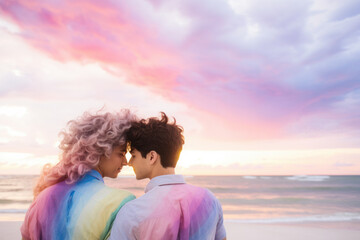 Young couple in colorful outfits enjoying seaside sunset. Romance and affection.