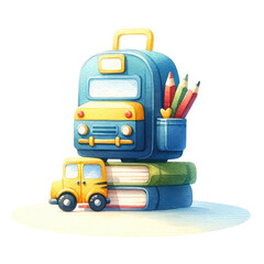 Naklejka premium Back to school concept. watercolor illustration, Perfect for nursery art, Cute yellow watercolor school bus.