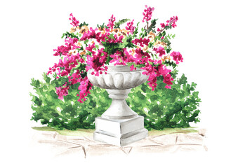 Garden decorative architectural element., stone marble vase or flower pot,  Landscape design.  Hand drawn watercolor  illustration  isolated on white background