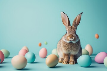 Happy Easter Eggs Basket holy week. Bunny in flower easter buoyant decoration Garden. Cute hare 3d teal easter rabbit spring illustration. Holy week caption area card wallpaper egg dyeing