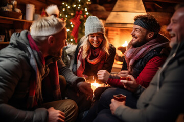 Friends enjoy warm drinks by Christmas tree, winter holiday gathering.