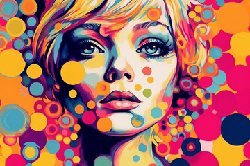 a close up of a woman with a colorful background and dots. generative ai.