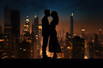 Romantic couple silhouette against city skyline at night. Urban romance.