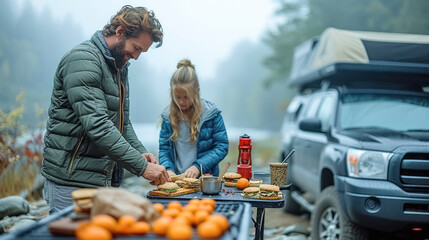 family makes food on the off road-trip