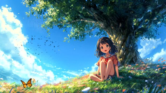 young girl anime sitting under a tree with a beautiful natural landscape. Seamless looping 4k time-lapse virtual video animation background 
