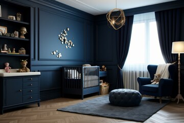 Chic Modern nursery room navy blue. Bear toy. Generate Ai