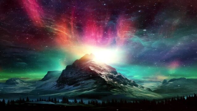 View of the aurora exotic motion above the clouds and colorful mountains dancing, great for use in backgrounds, websites, etc. Ai generative image