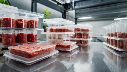 lab-grown meat samples, packaged and market-ready, created in modern laboratories  - obrazy, fototapety, plakaty