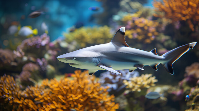 Grey shark in fish tank, sleek body gliding through the water