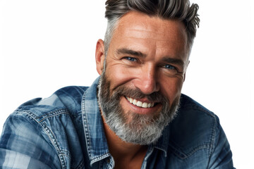 Obraz premium Confident man with beard smiling in casual denim shirt. Charisma and confidence.