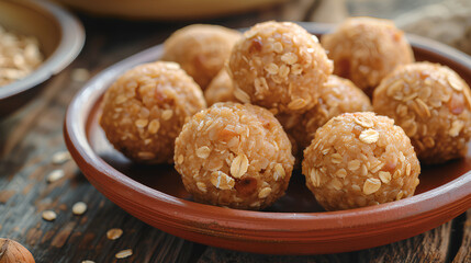 Oats laddu or Ladoo also known as Protein Energy balls, served in a plate or bowl