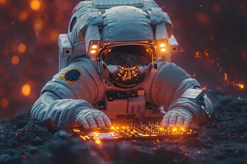 An astronaut DJ with a record player in space. 3d illustration