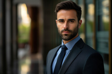 Fototapeta premium Confident businessman in suit standing in office. Professional leadership.