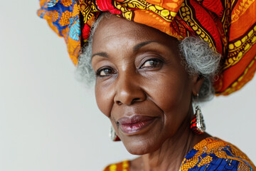 Elegant senior woman with colorful headscarf and traditional earrings. Cultural diversity. - obrazy, fototapety, plakaty