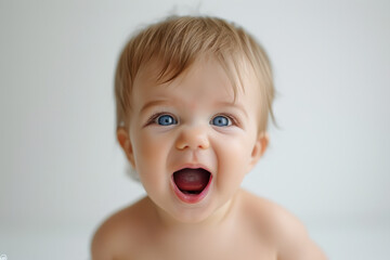 Joyful baby with bright blue eyes smiling on plain background. Child innocence and happiness.