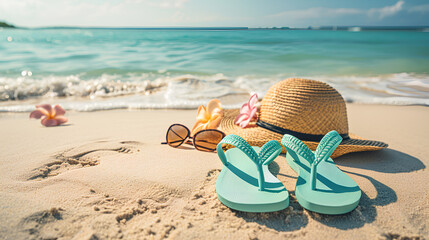 Stylish flip flops on the sand near the sea, space for text, beach accessories