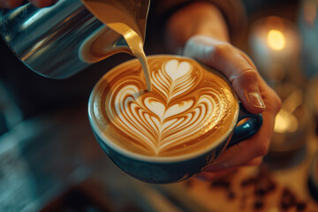 Barista creating latte art on freshly brewed cappuccino. Cafe culture and skills.