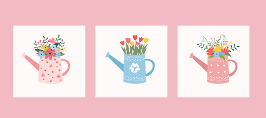 Fototapeta na wymiar Set of spring hand drawn elements. Floral decor. Flowers, branches, bouquets, watering can, teapot, birdhouse. Spring holidays. Perfect for Valentine's Day, Women's Day, Easter, Mother's Day