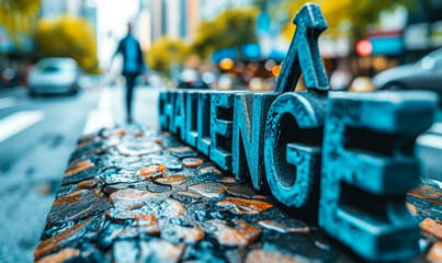 Fototapeta premium Figure overcoming a challenge depicted by rising arrow and CHALLENGE text symbolizing growth, progress, and achievement in a 3D illustration