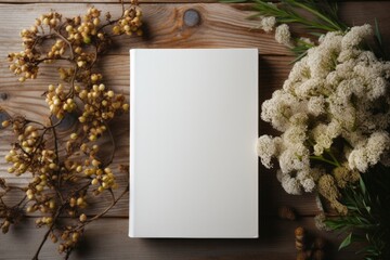 Rustic styled book mockup with elderflower blossoms on a wooden background.