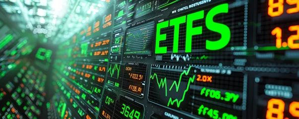 Fotobehang Digital screen showcasing ETFs (Exchange Traded Funds) performance with dynamic green arrows indicating growth in the stock market © Bartek