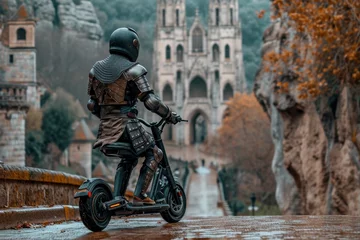 Foto op Canvas A medieval knight driving a scooter in a helmet rides against the background of a castle © Александр Лобач