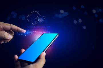 Hands are using a smartphone connected to cloud computing to search for information and communicate...
