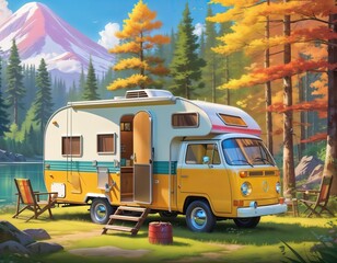 yellow and white camper van is parked by a lake in a forest. There are two chairs