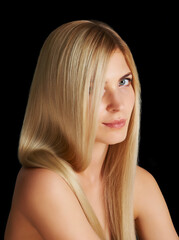 Beauty, hair and portrait of woman with blonde hairstyle, salon care and keratin treatment isolated in dark studio. Styling, glow and face of girl with healthy haircare shine on black background.